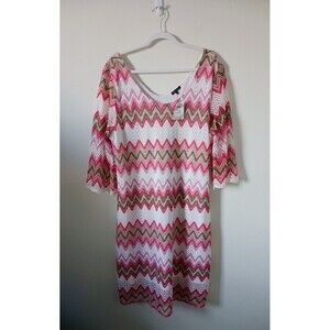 Fresh of LA‎ Plus Size Boho Crochet Chevron Dress Pink Cream 3/4 Sleeve 3X